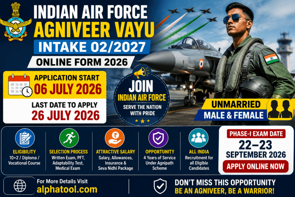 Indian Air Force Agniveer Vayu Intake 02/2027, Air Force Agniveer Online Form 2026, Agniveer Vayu Recruitment 2026, Air Force Vacancy 2026, Agnipath Scheme Recruitment, Defence Jobs 2026.