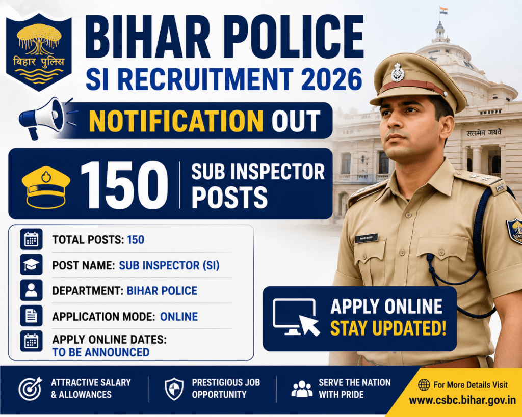 Bihar Police SI Recruitment 2026 Notification Out – Apply Online  official for 150 Sub Inspector Posts